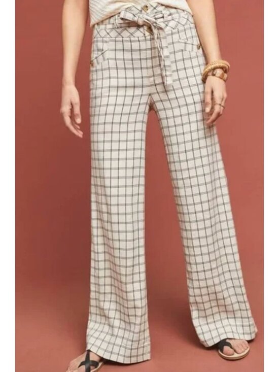 Anthropologie Pants - ANTHROPOLOGIE linen blend wide leg plaid trousers size 8P Petite